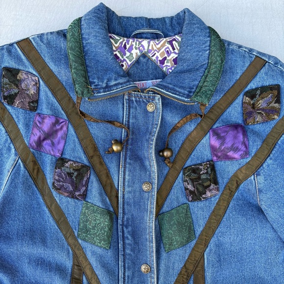 Vintage 80s 90s Current Seen Patchwork Floral Tapestry Blue Denim Jean Jacket - Picture 4 of 15